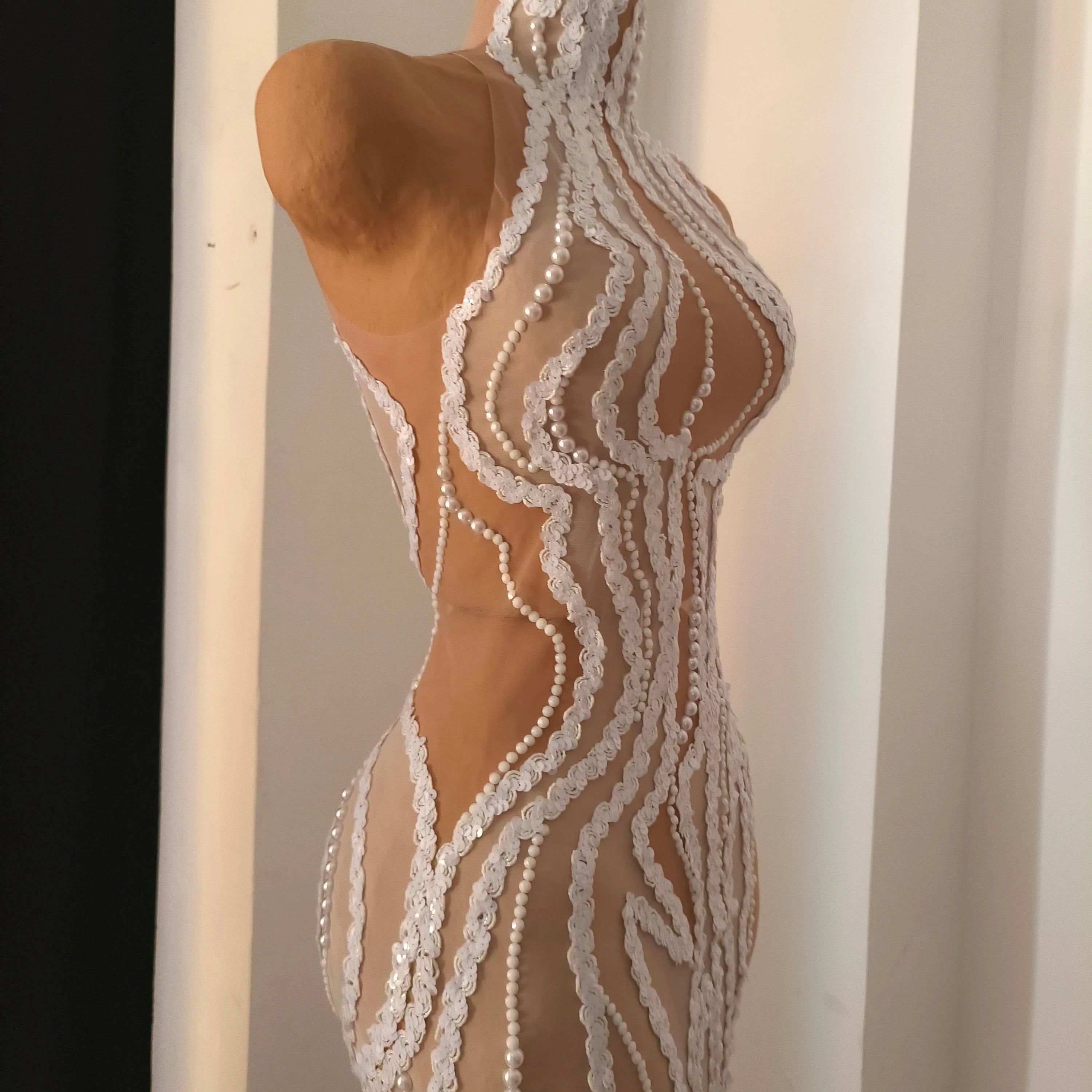 Refined White Sheer Mesh Maxi Dress Women Sexy High Neck Pearl Lace Bodycon Cocktail Nightclub Evening Gala Party Costume