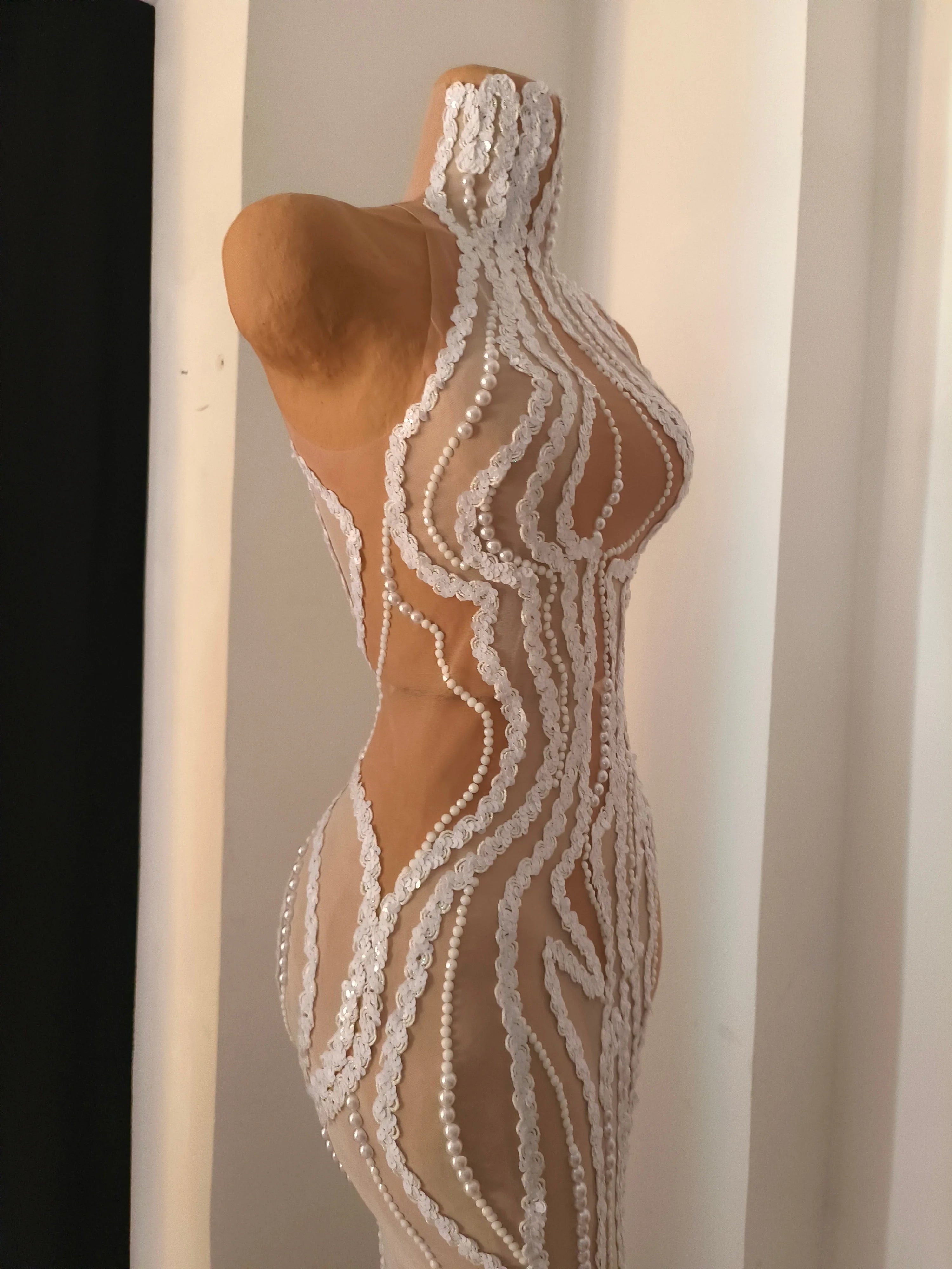 Refined White Sheer Mesh Maxi Dress Women Sexy High Neck Pearl Lace Bodycon Cocktail Nightclub Evening Gala Party Costume
