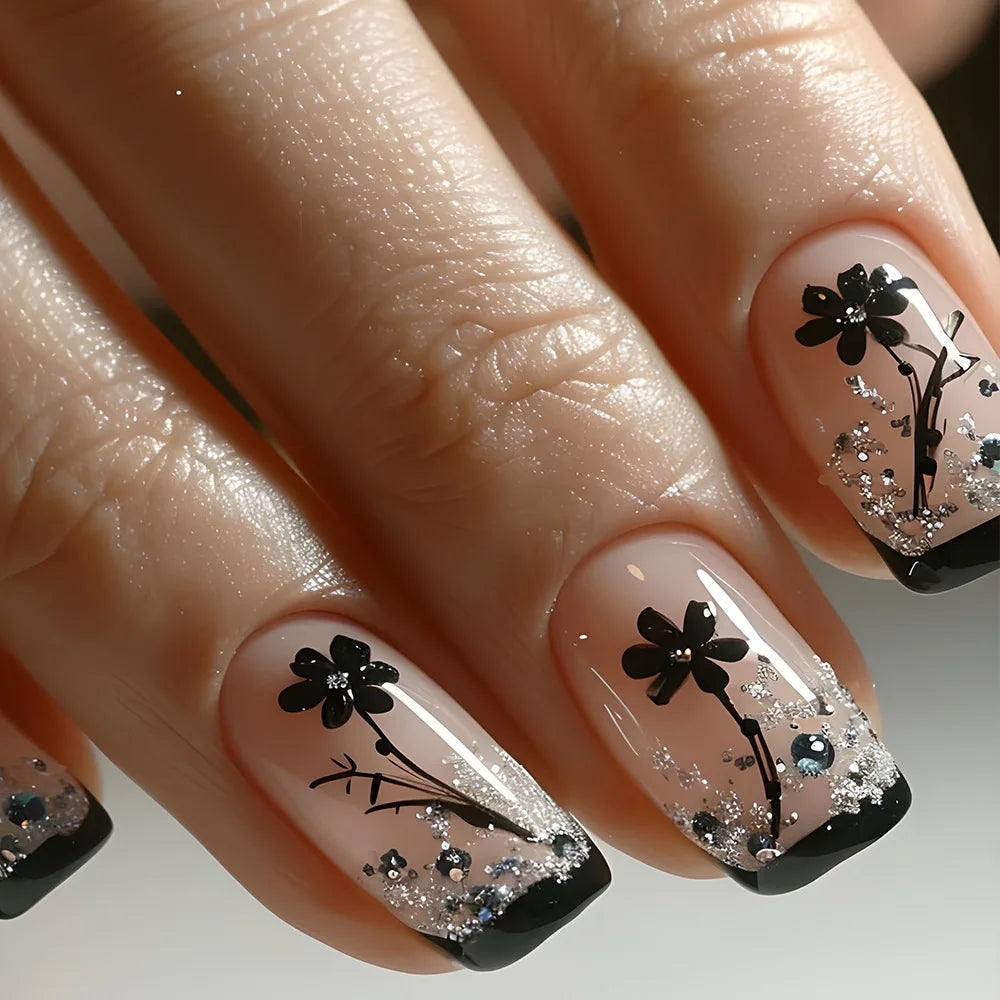 Short middle square ballet fake nails sparkling plant flowers maple leaves gradient Peacock feathers press on false nails set 1684