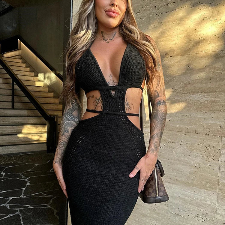 Hollow Out Halter Sexy Mini Dress Women Summer New Sleeveless Backless Skinny Club Party Knit Tank Dress Vestido Black 1