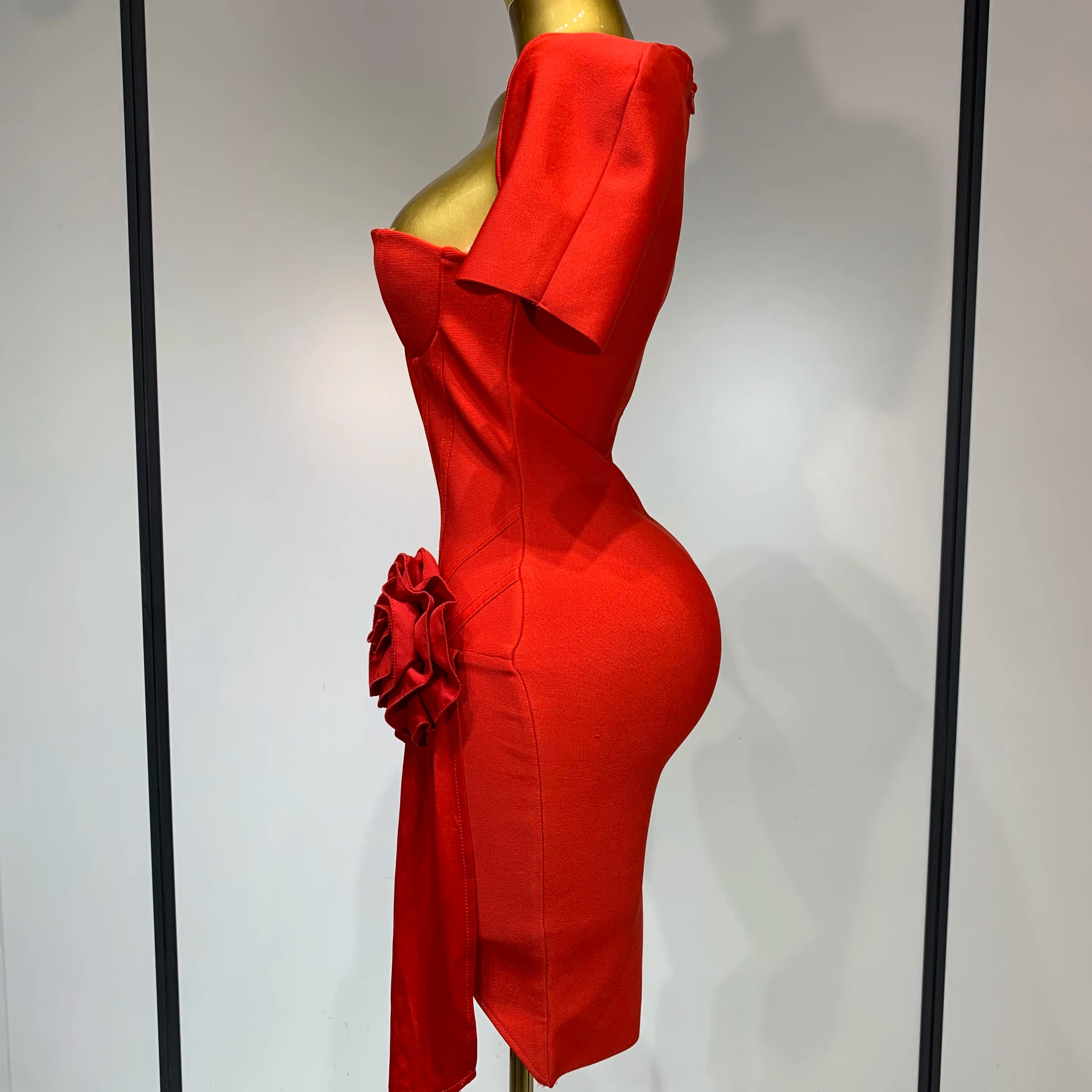Women Sexy Short Sleeve Square Collar Bodycon Mini Bandage Dress Celebrity Red Carpet Dress Flower Luxury Birthday Outfit