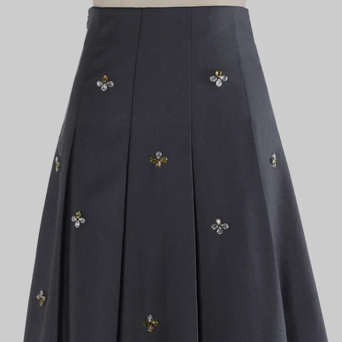 Spring Women French Style Luxury Rhinestone Beading Lady Solid Long Pleated Skirt