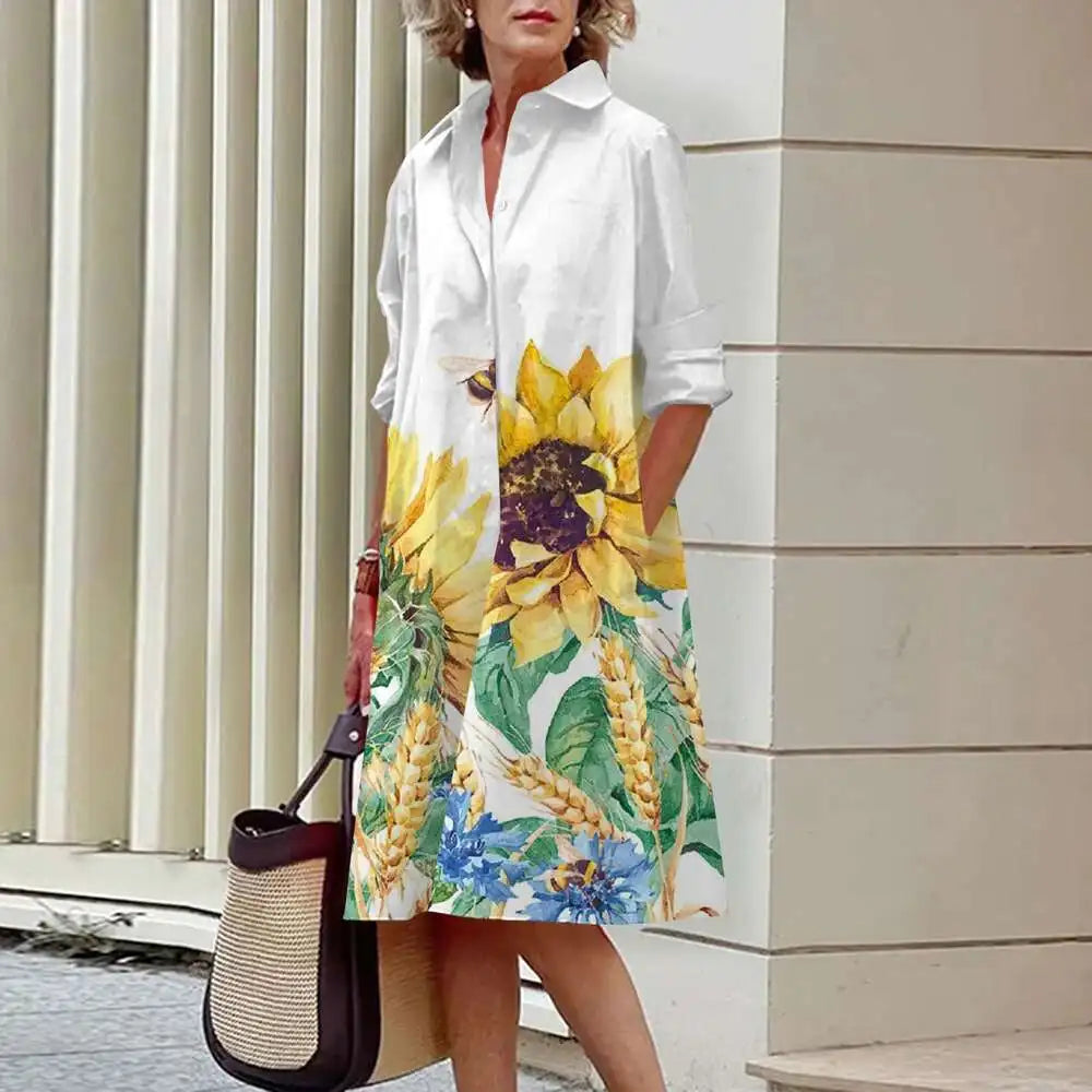 Women's Elegant Shirt Dresses Fall Fashion Floral Long Sleeve Loose A-Line Dresses Women's Office Ladies Red Green Lapel Gowns A9SZXG248291337