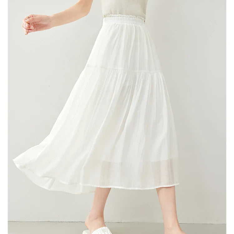 Vimly Black Elegant A-line Women's Midi Skirt Spring Simple Elastic Waist Solid Thin Female Skirts Women's Clothing M6079 Creamy-white