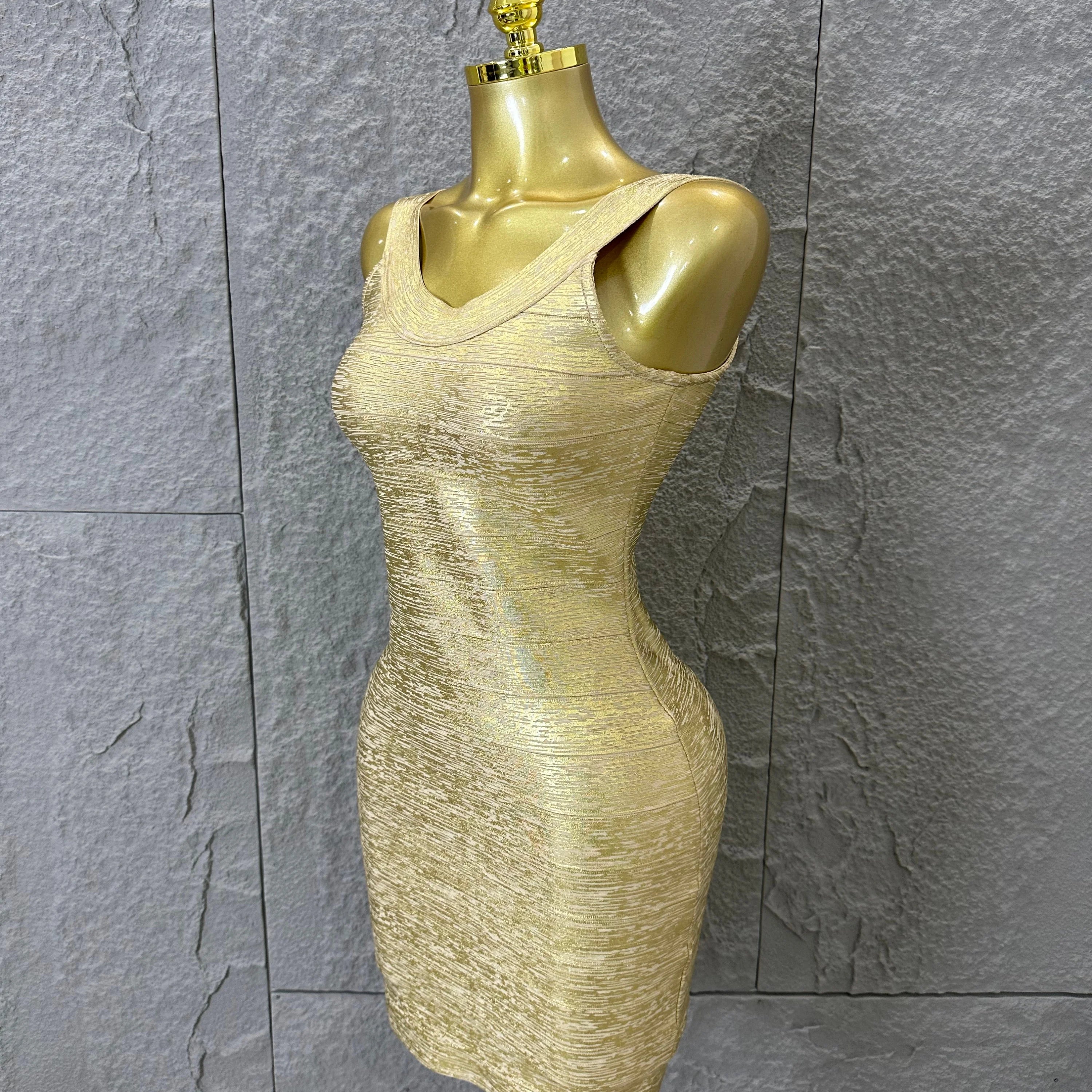 Women Sexy Elegant 2026 Silver Gold Metallic Bandage Mini Dress Women Sleeveless Bodycon Formal Event Cocktail Party Costume