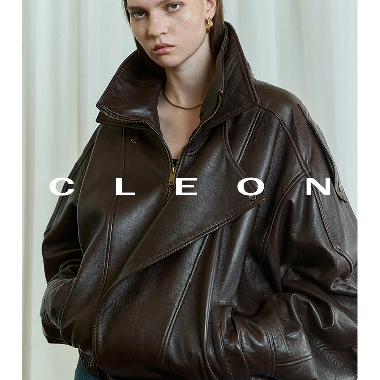 Lautaro Autumn Brown Oversized Pu Leather Moto & Biker Jacket Women Long Sleeve Zippper High Quality American Retro Clothing Brown