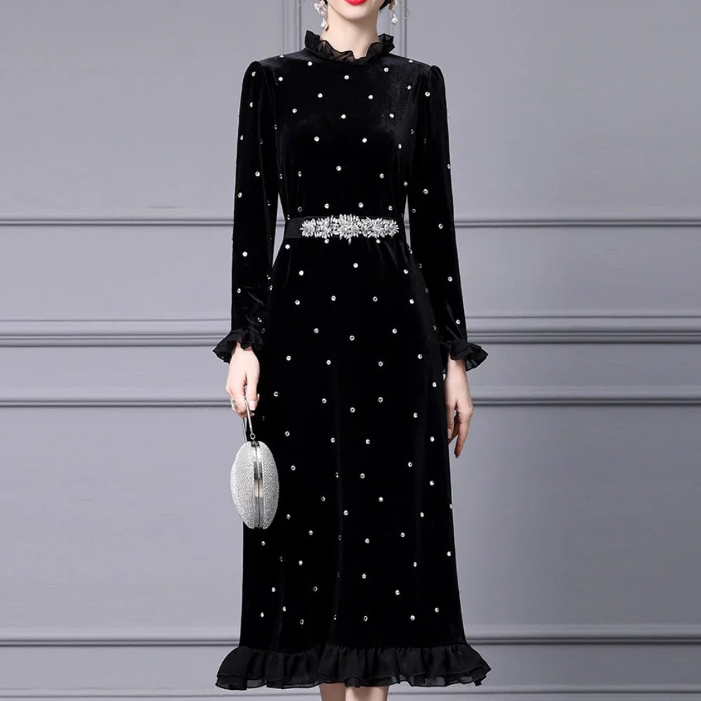 Solid Slimming Spliced Wave Point Elegant Dresses for Women Round Neck Long Sleeves Patchwork Bead Dress Female New BLACK