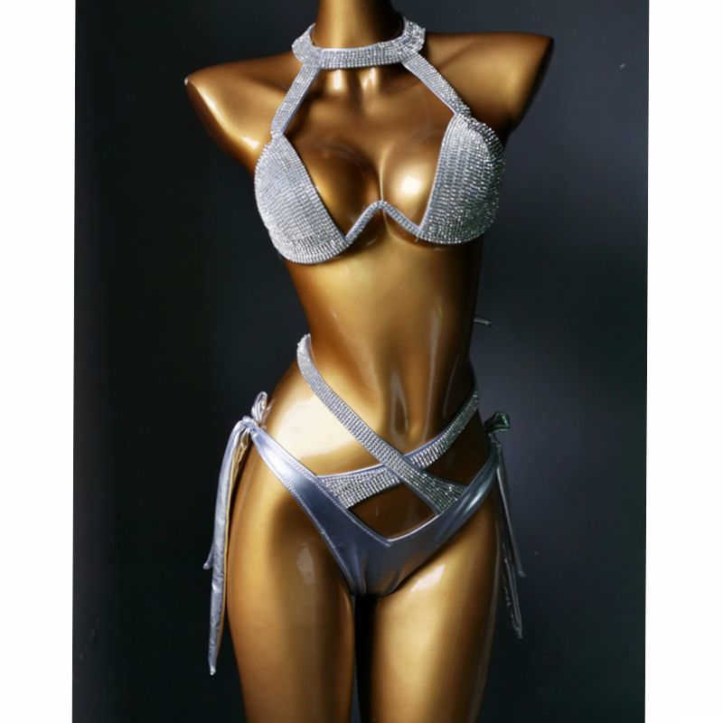 Sexy Gathered Bikinis Crystal Diamond Rhinestone Women's Swimwear Push Up Halter Bandage Female's Swimsuit Silver