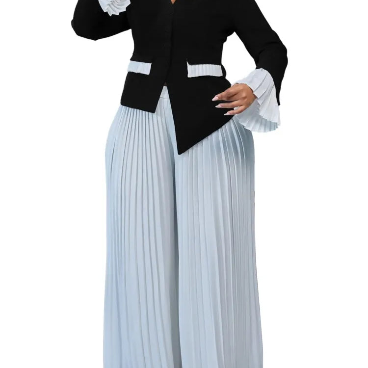 Plus Size Spring Autumn 2 Two Piece Set Women Slim Fashion Irregular Ladies Blouses Pleated Loose Wide Leg Woman Long Pant