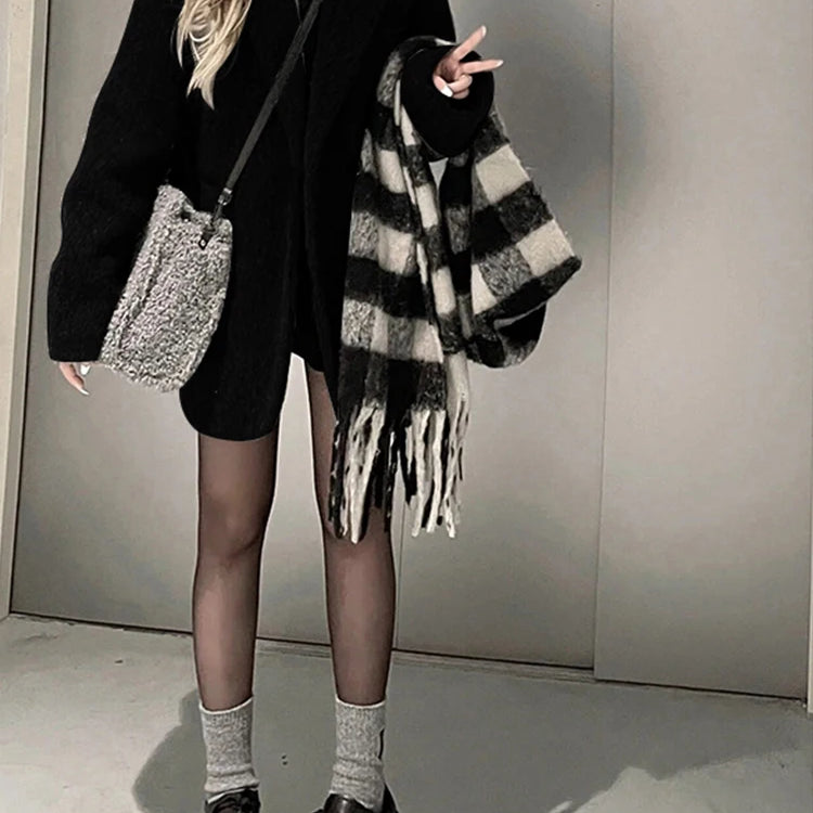 Lautaro Autumn Winter Grey Black Warm Soft Woolen Blazer Women Long Sleeve Single Breasted Korean Fashion New in Coats & Jackets