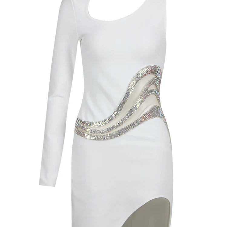 BEVENCCEL Women's New One Shoulder Long Sleeve Mesh Patch Diamond Bandage Dress Elegant Sexy Club Evening Party Mini Dress