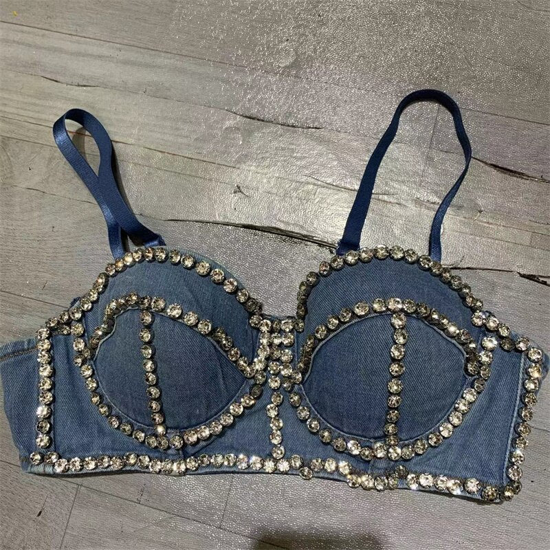 Streetwear Diamonds Denim Vest Female Bra Sleeveless Backless Sexy Summer Tank Tops For Women Camisole Y3851 denim blue