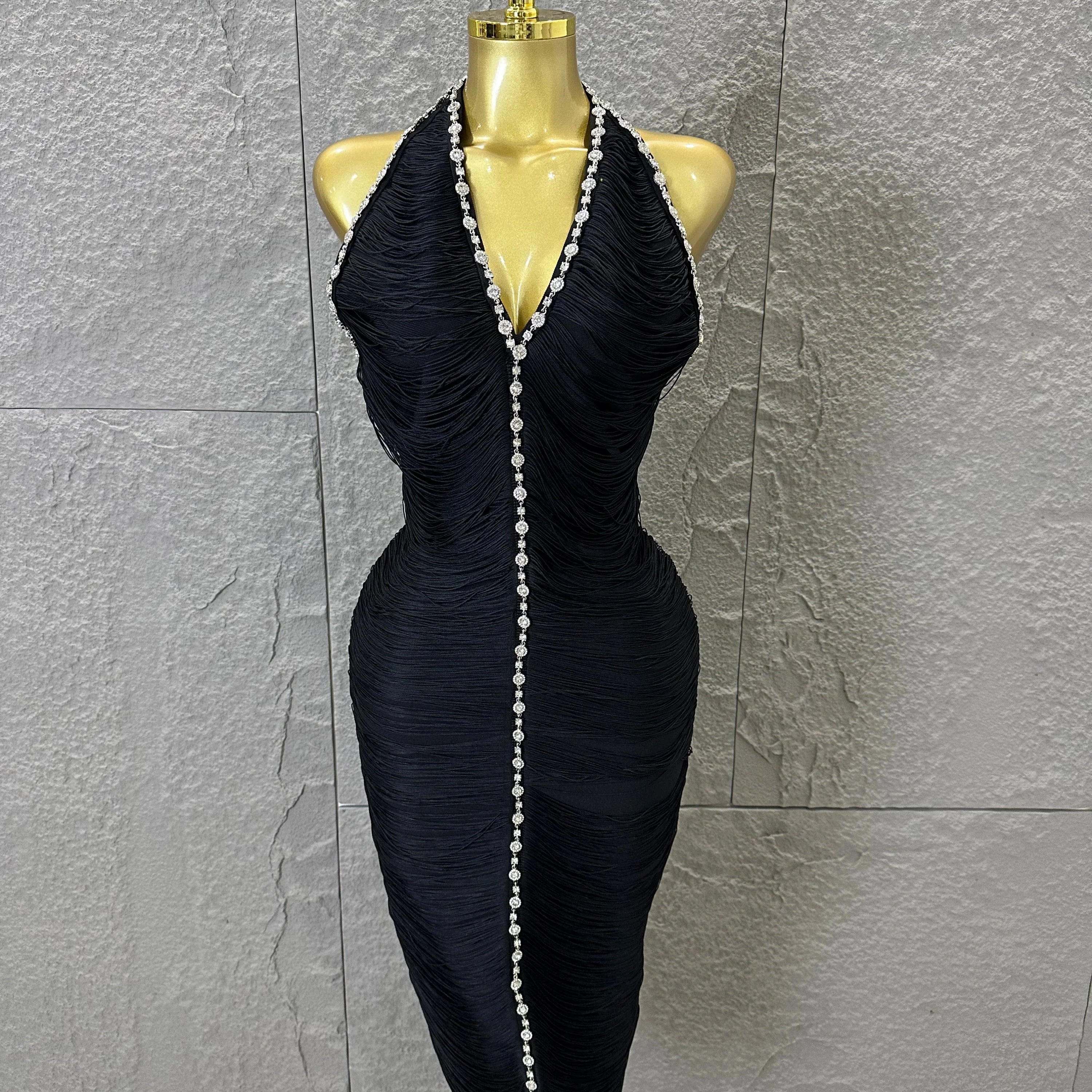Elegant 2026 Black Halter Neck Midi Dress Women Sexy V-Neck Crystal Trim Ruched Form-Fitting Outfit Formal Event Party Costume black