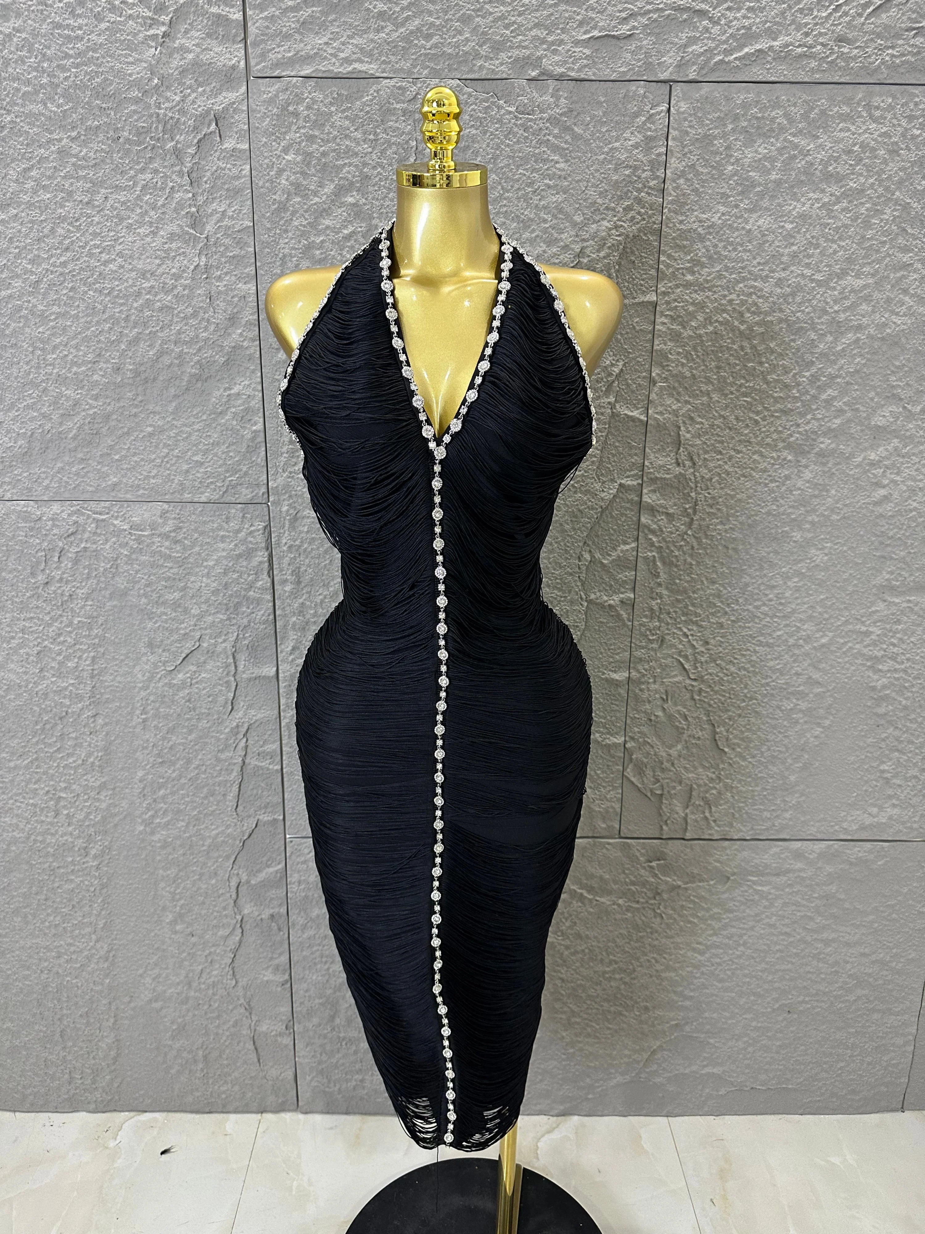Elegant 2026 Black Halter Neck Midi Dress Women Sexy V-Neck Crystal Trim Ruched Form-Fitting Outfit Formal Event Party Costume black