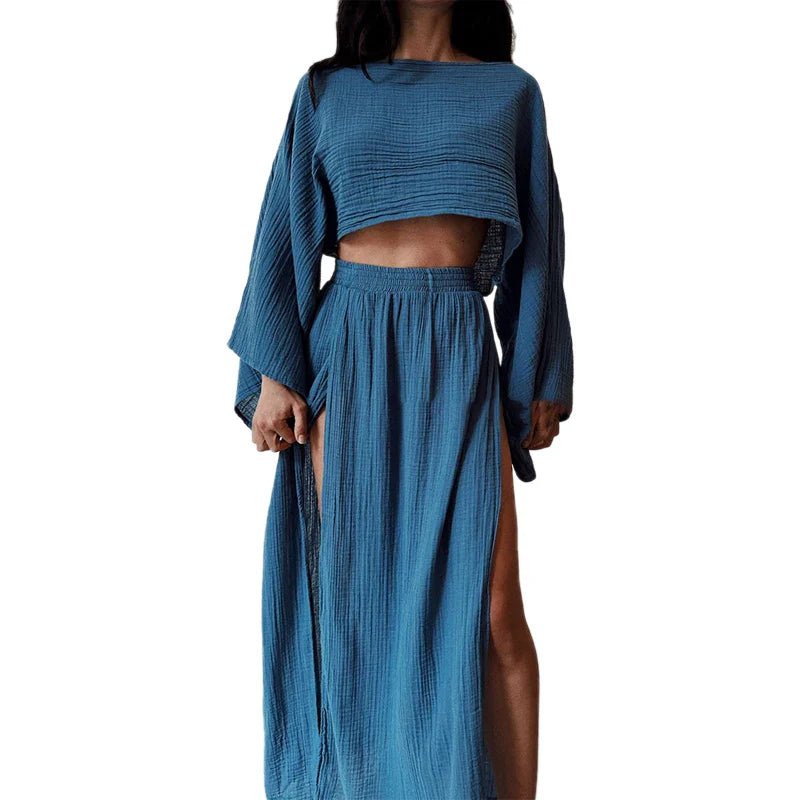 Elegant Women Crop Tops & High Waist Slit Maxi Skirts 2 Pieces Linen Pants Sets Beach Cover Ups Lounge Matching Sets Blue