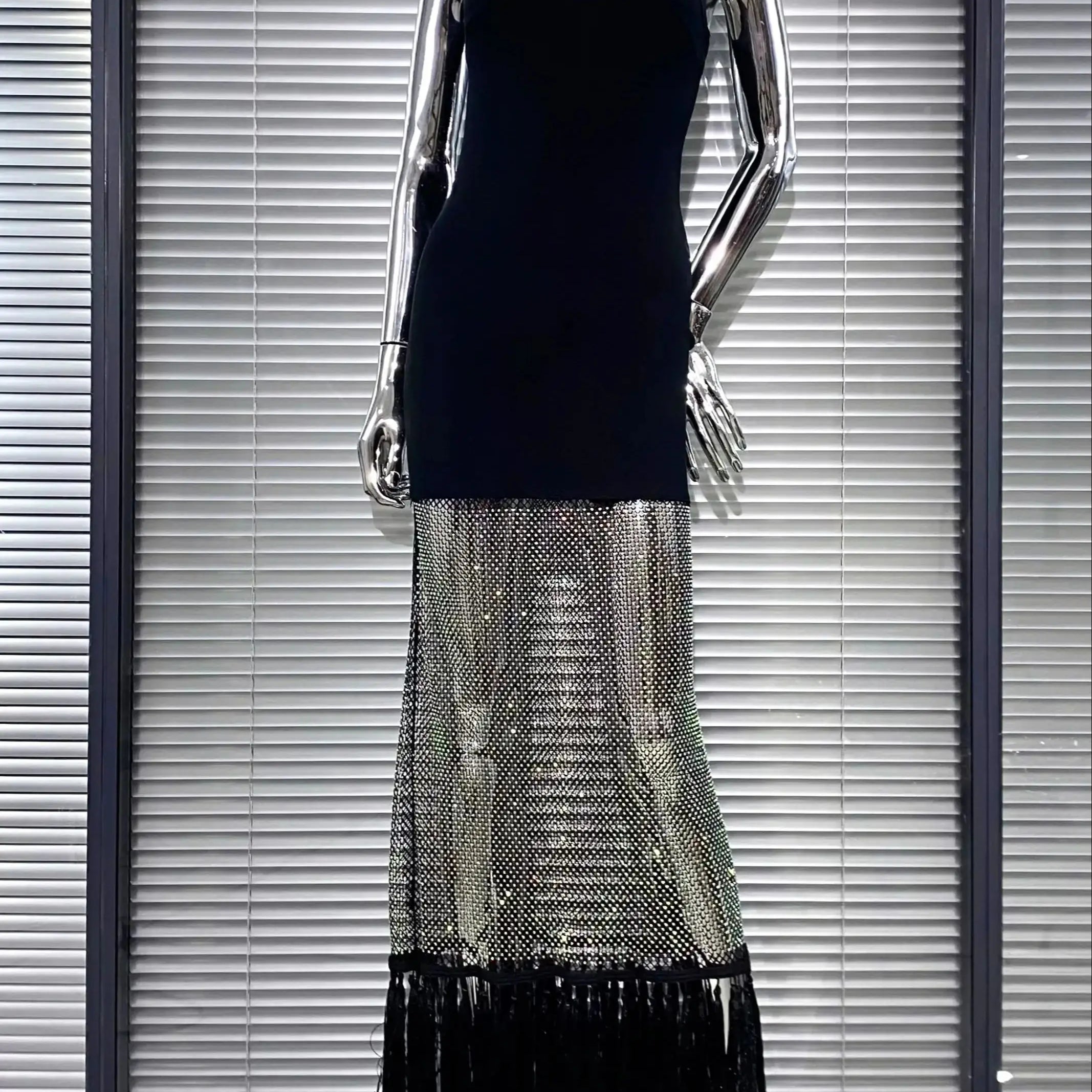 Shining Diamond See Through Mesh Tassels Black Bandage Ankle Length Dress Fashion Woman Party Dress Birthday Party Outfit black