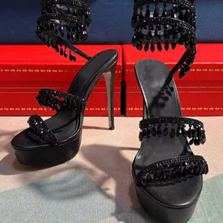 Summer New Round Toe Thick Sole Sandals with Snake Twisted Beaded Water Diamond Thin Heel High Heel Sandals for Women Black