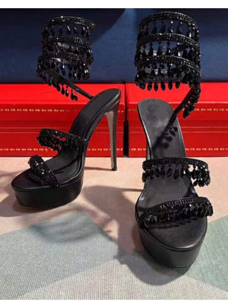 Summer New Round Toe Thick Sole Sandals with Snake Twisted Beaded Water Diamond Thin Heel High Heel Sandals for Women Black