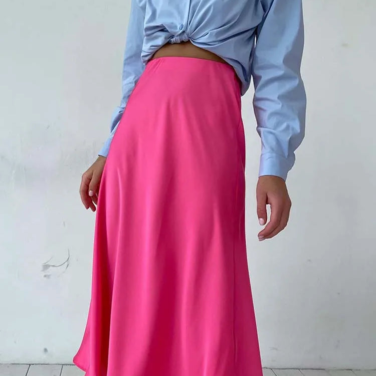 Silk Satin Skirts for Women Korean Style Champagne Office High Waist A-line Skirt Fashion Elegant Solid Long Pencil Skirt 2024