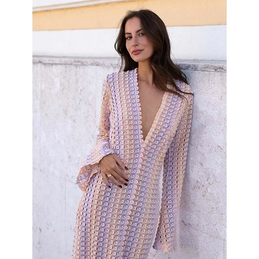 Striped Hooked Crochet Knit Long Dress Women Autumn Long Sleeve A Line Vestidos Female Vintage Commuter Slim Dresses