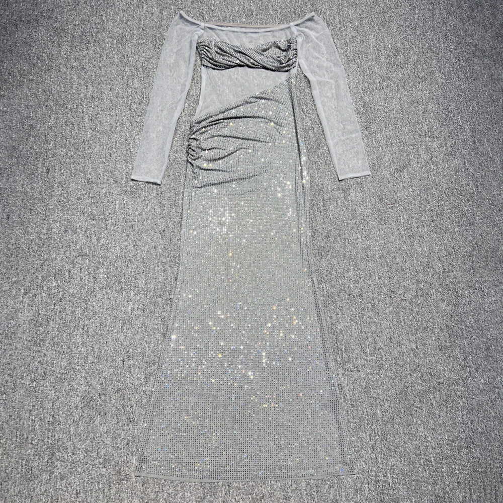Elegant Sequin Embellished Off-Shoulder Mesh Maxi Dress for High-End Weddings Evening Gown Light Grey