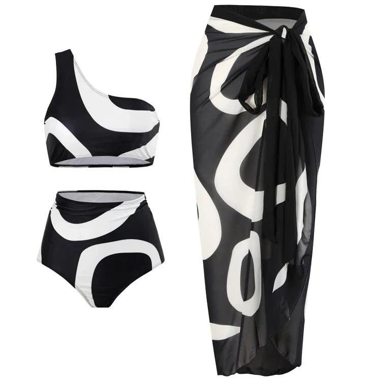 Sexy One Shoulder Printed Swimwear Women 2023 Vintage High Waisted One Piece Swimsuit with Cover Up for Beach Vacation, Swim ML022b1