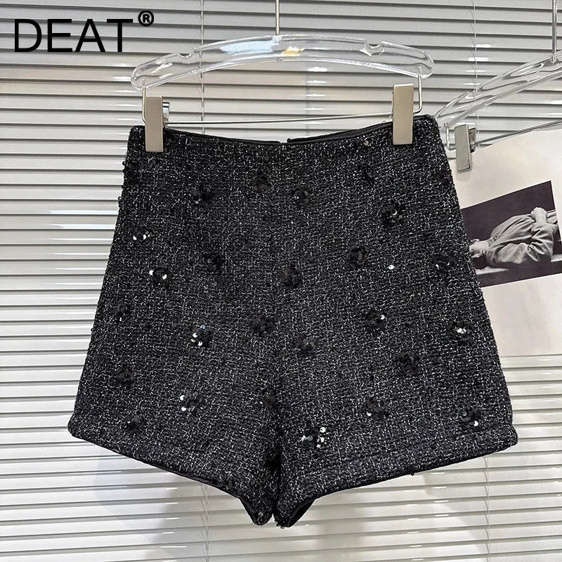 Winter New Fashion Sequin Flower Embroidery Tweed Short Pants For Women High Waist Wide-leg Shorts Female 11A07658