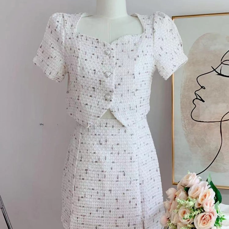 Small Fragrant Skirt Suit Tweed Short Coat Puff Sleeve Two Piece Set Female 2024 Summer Fashion Skirt for Women Korea Fashion White