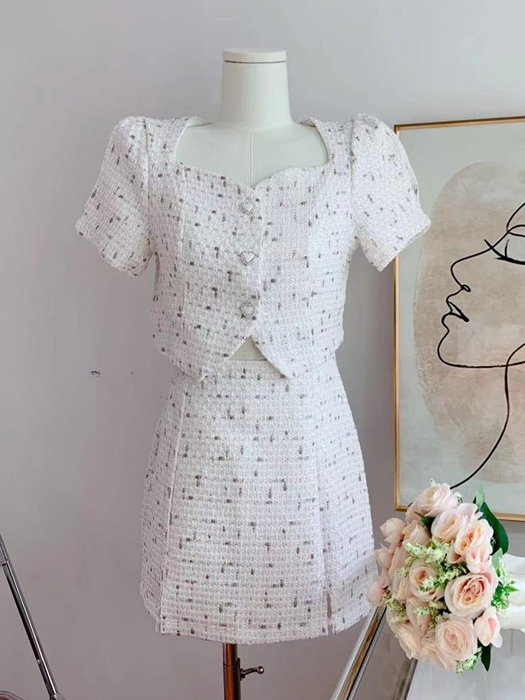 Small Fragrant Skirt Suit Tweed Short Coat Puff Sleeve Two Piece Set Female 2024 Summer Fashion Skirt for Women Korea Fashion White