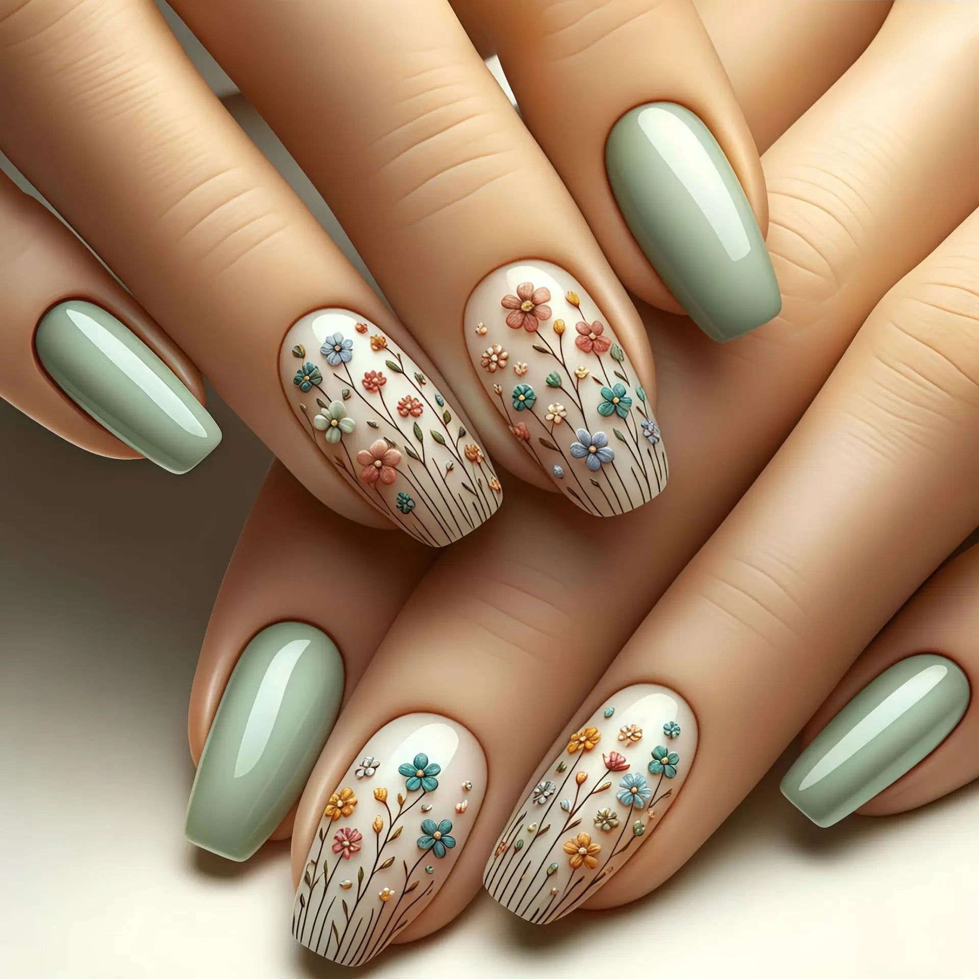 24Pcs Spring Short Square Head Fake Nail Tips Full Cover Blue Fresh Flower Pattern French Nail Wearable Press on Nails with Glue 13