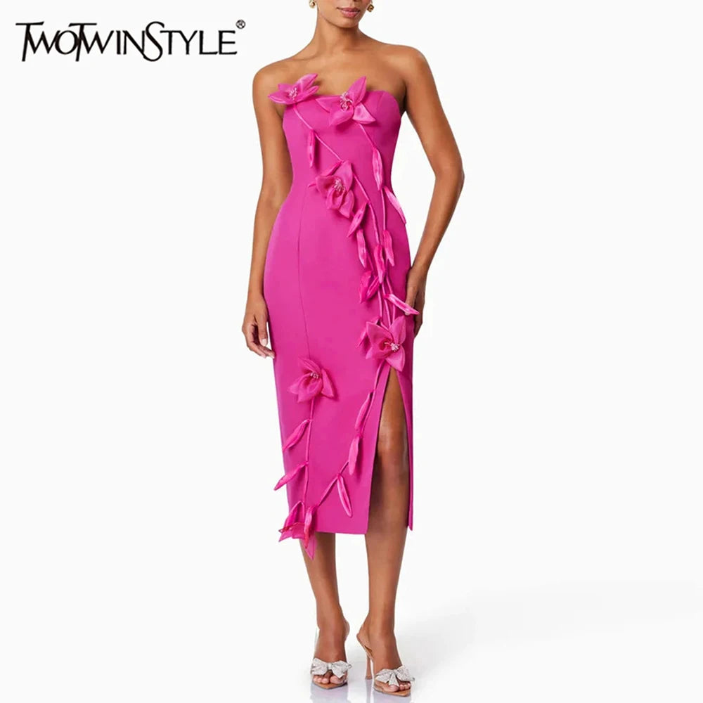 Solid Slimming Spliced Appliques Elegant Dresses for Women Srtapless Sleeveless Split Dress Femlae Fashion Clothing