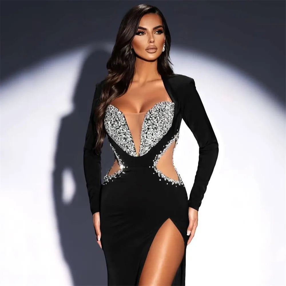 Elegant Evening Party Dress Black Color Women Long Sleeve Shinning Rhinestones Bodycon Long Bandage Dress Cocktail Party Outfit