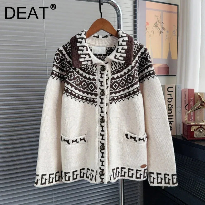 Autumn Winter New Fashion Contrast Color Jacquard Lapel Sweater Coat For Women New Loose Knitted Cardigan 11A07545