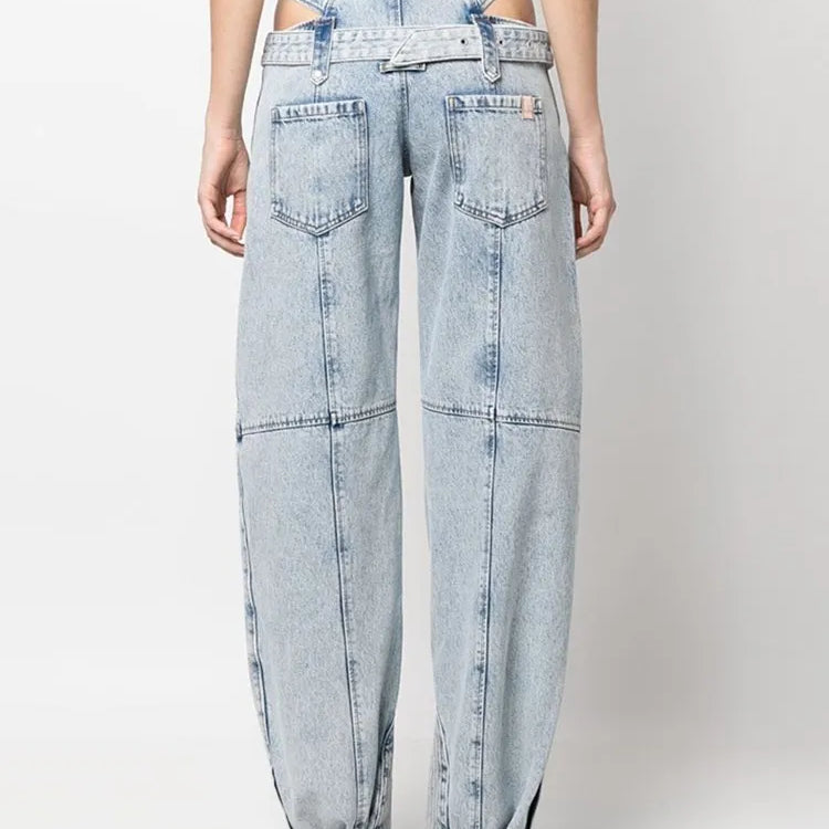 Casual Cut Out Denim Trousers For Women High Waist Patchwork Belt Vintage Streetwear Jean Female Fashion Clothing