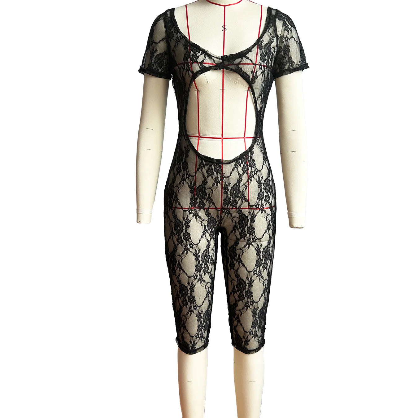 2024 Spring Short Sleeve Backless Women Lace Hollow Out Casual Rompers Playsuit Short Jumpsuits V-neck One Piece Outfits