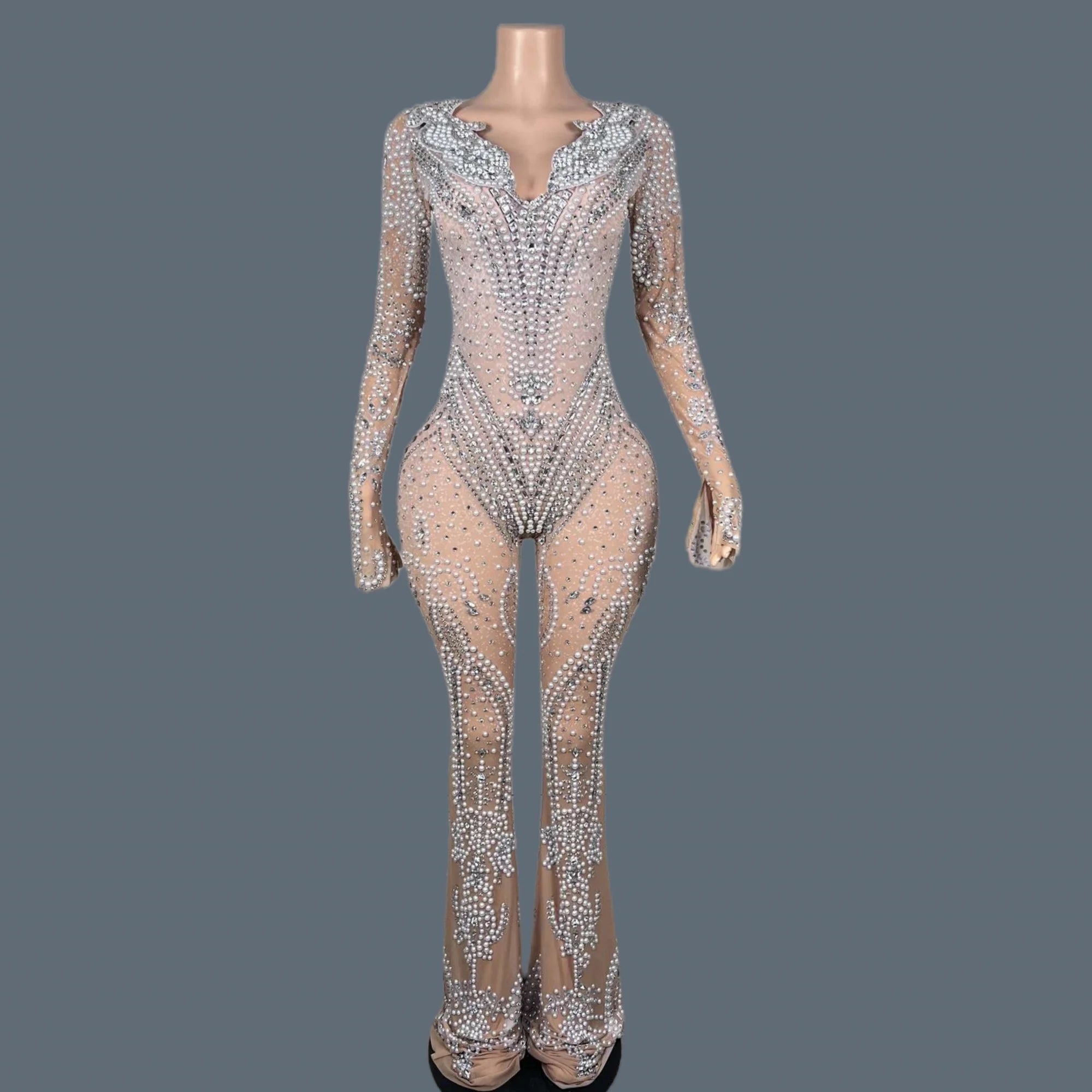 High-quality Pearls Rhinestones Mesh Bell-bottoms Lady Party Celebrate Birthday Stage Wear Luxurious Sexy Jumpsuit Shuangjiang as shown