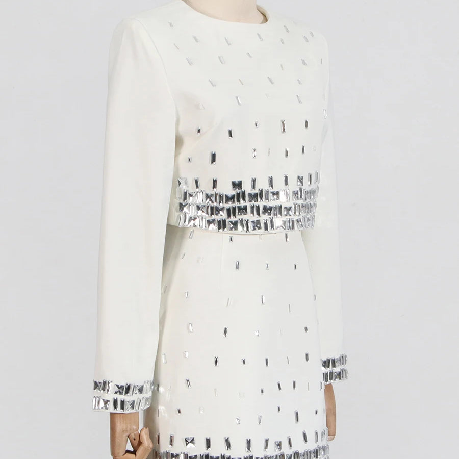 Solid Slimming Spliced Bead Two Piece Sets for Women Round Neck Long Sleeves Short Top High Wasit Skirt Set Female