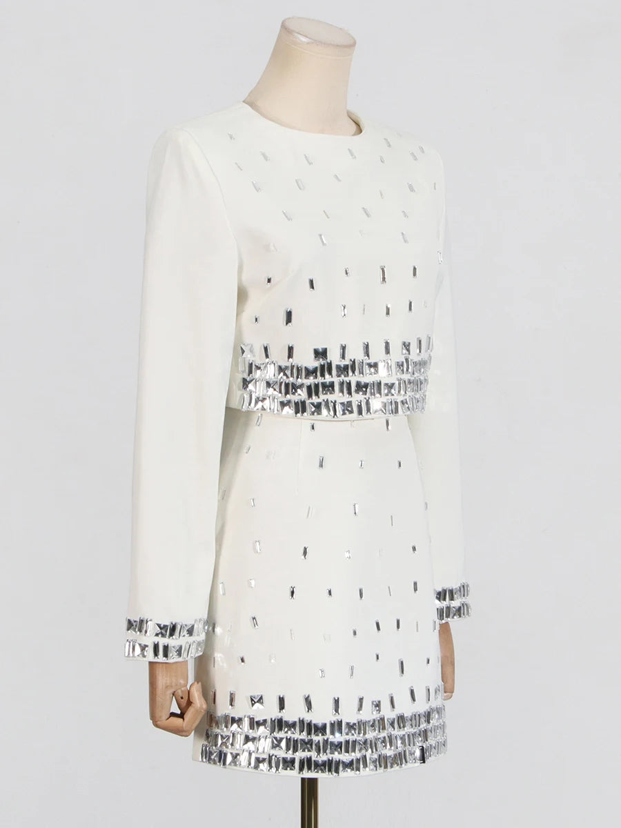 Solid Slimming Spliced Bead Two Piece Sets for Women Round Neck Long Sleeves Short Top High Wasit Skirt Set Female