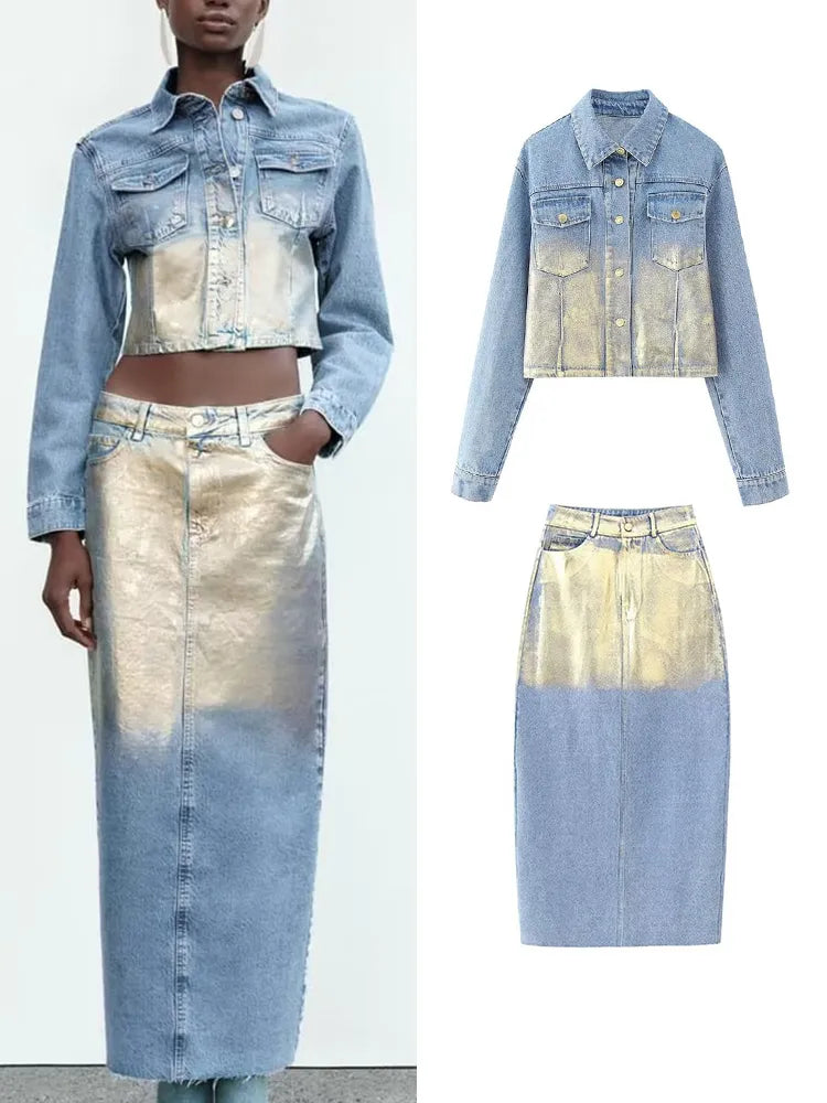 TRAF Women Autumn Winter Denim Suit 2024 Female Lapel Coat Jacket+A-Line Mid-Length Skirt Elegant Two-Piece Set