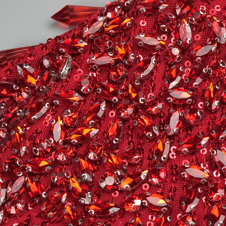 Red Diamonds Mermaid Dress Beaded Diagonal One-shoulder High Split Crystals Details Maxi Banquet Evening Party Gown