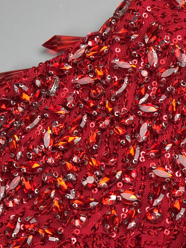 Red Diamonds Mermaid Dress Beaded Diagonal One-shoulder High Split Crystals Details Maxi Banquet Evening Party Gown