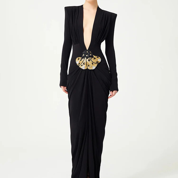 VC Black Deep V Plunge Long Dress Bead Sequins Butterfly Details Long Sleeves Slim High Slit Pleated Bodycon Party Evening Gowns