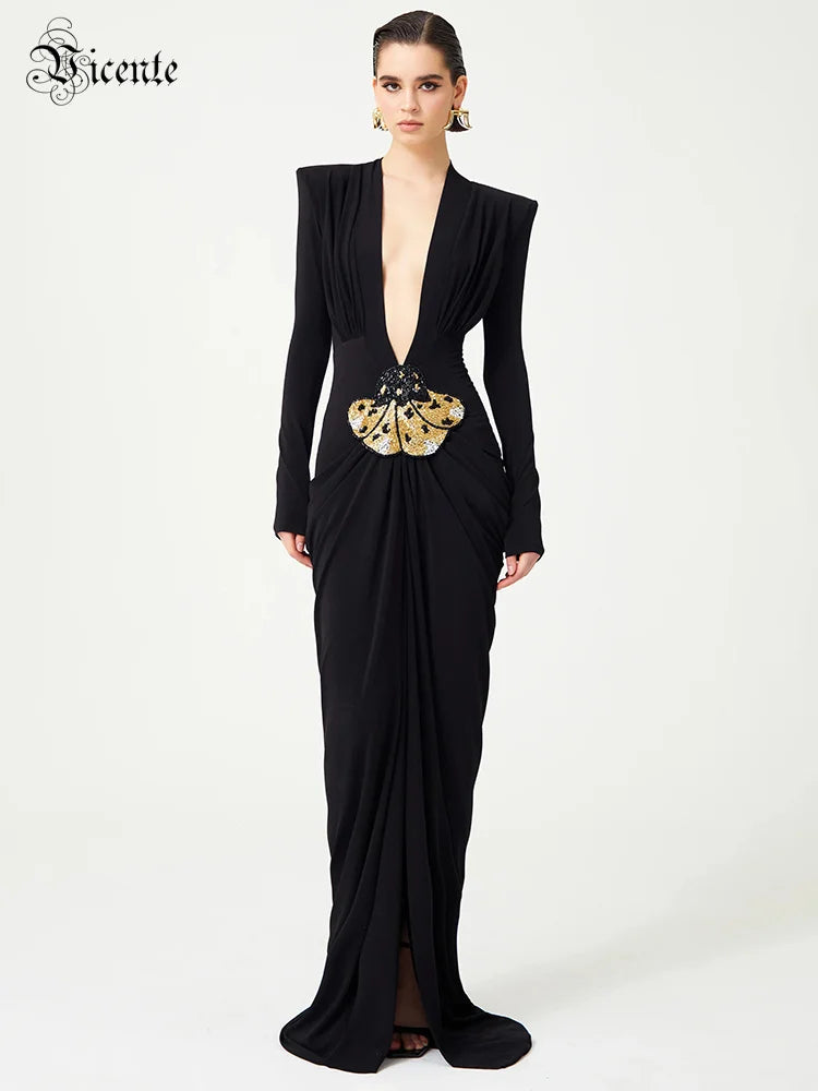 Black Deep V Plunge Long Dress Bead Sequins Butterfly Details Long Sleeves Slim High Slit Pleated Bodycon Party Evening Gowns