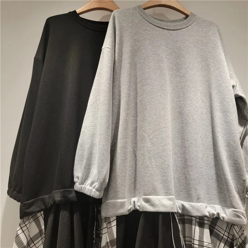 Autumn Winter New Fashion Plaid Fake Two-Piece Patchwork Sweatshirt Dress For Women Mid-Length Dresses Female 11A07720