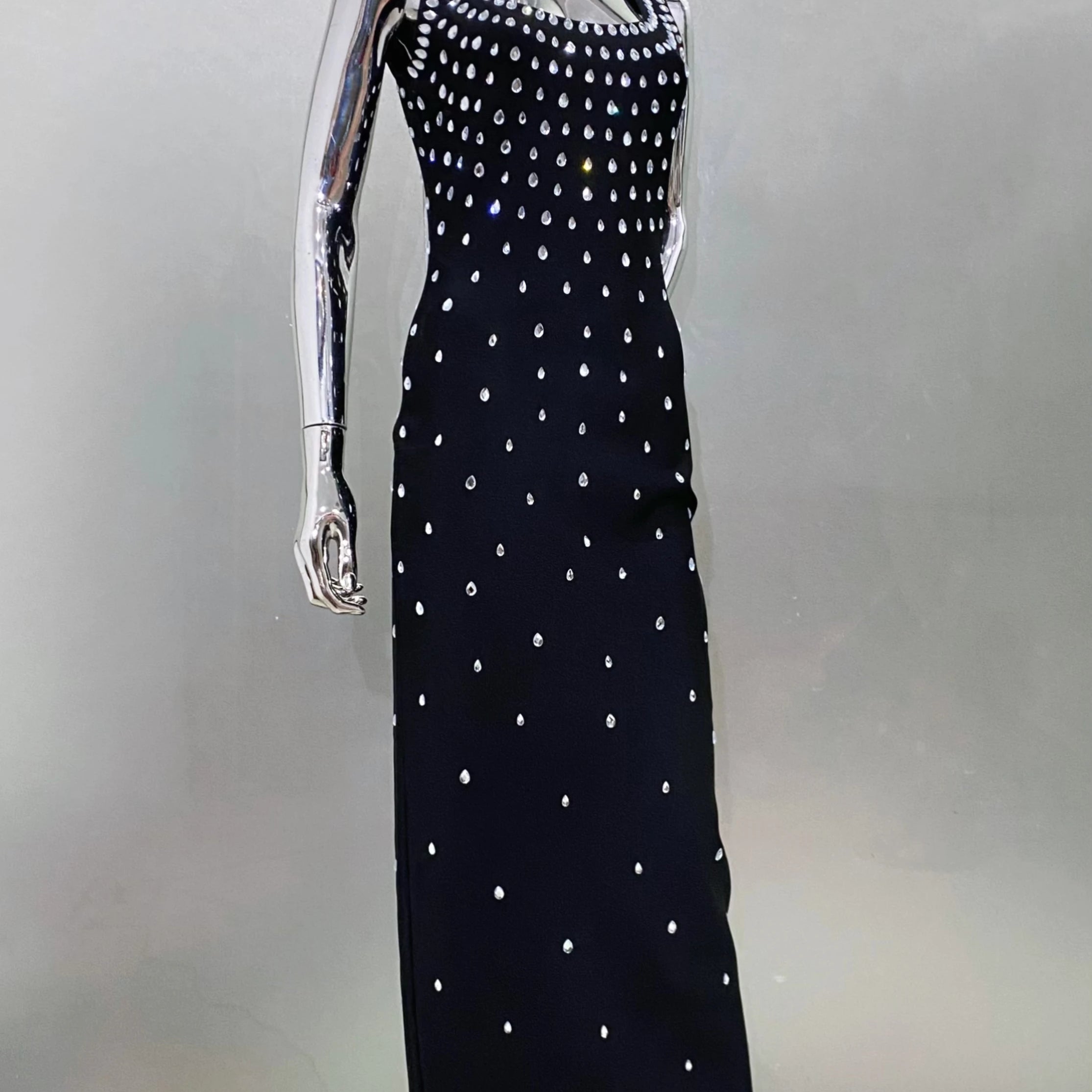 Black Skyblue Women Sleeveless Sexy O-neck Shinning Crystal Bodycon Bandage Long Dress Celebraate Nigthclub Party Outfit