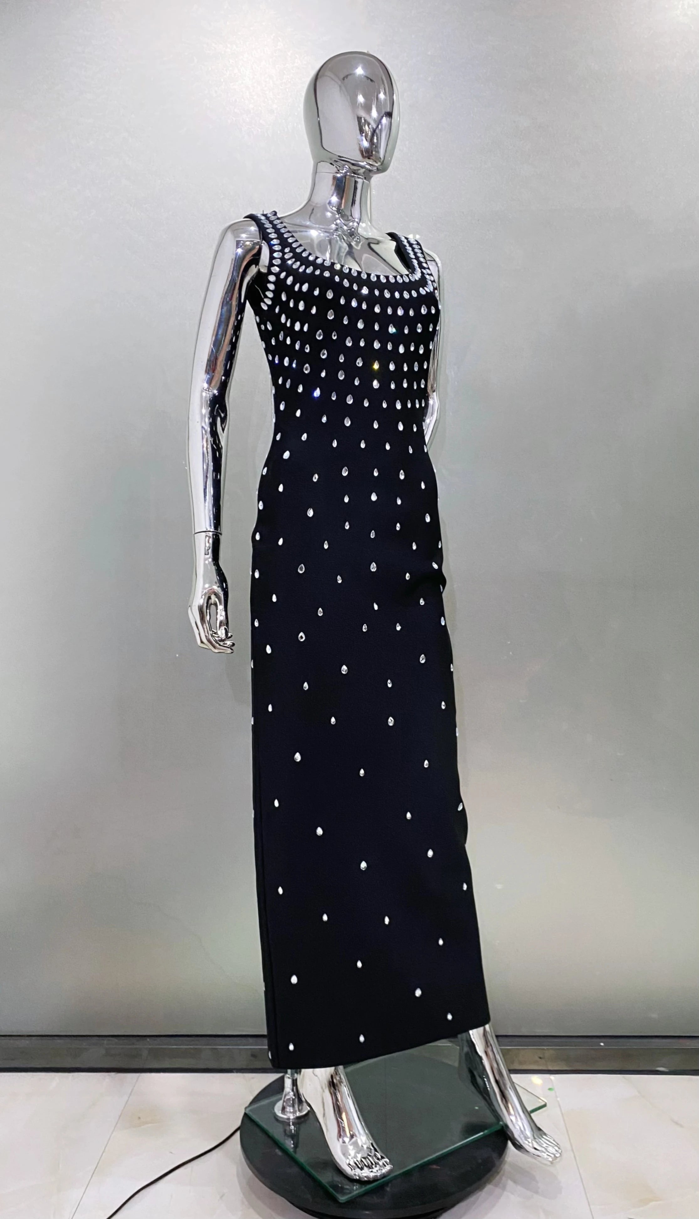 Black Skyblue Women Sleeveless Sexy O-neck Shinning Crystal Bodycon Bandage Long Dress Celebraate Nigthclub Party Outfit