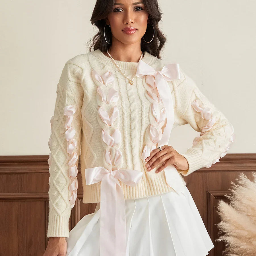 wsevypo Women's Ribbon Bowknot Knit Sweaters Cute Retro Long Sleeve Round Neck Cable Knit Pullover Tops for Fall Winter Ivory