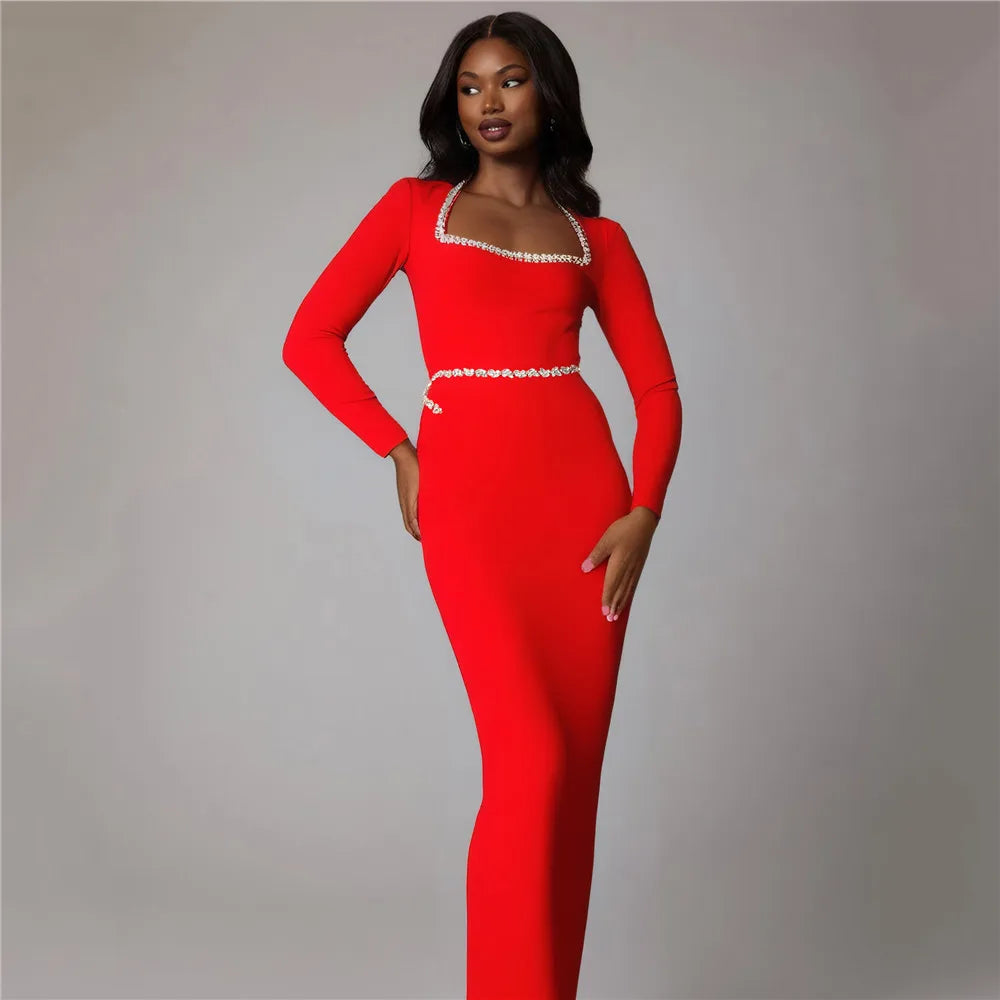 Red Color Women Long Sleeve Square Collar Shinning Crystal Bodycon Long Bandage Dress Celebrate Nightclub Party Outfit