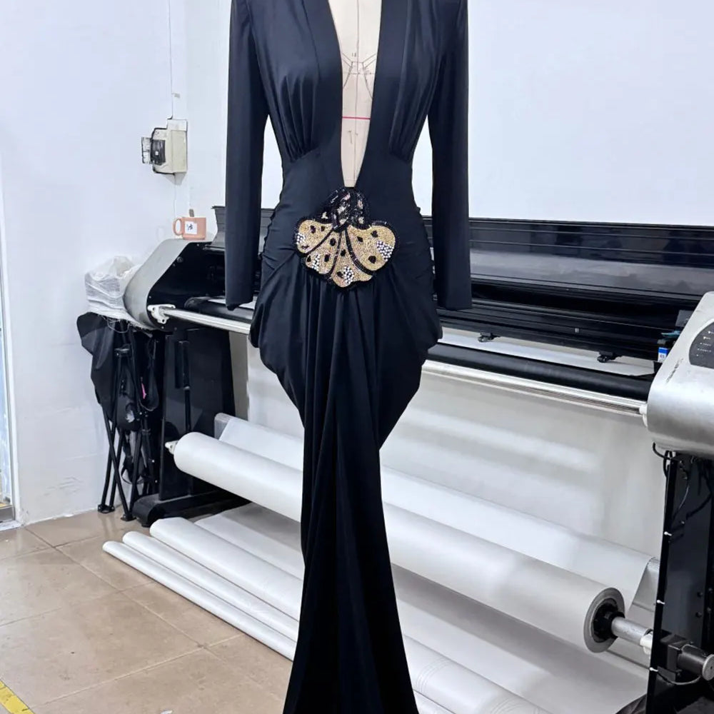 2025 Sexy Women's Light Luxury Maxi Dress Deep V-neck Long Sleeve Three Dimensional Beaded sequin Design Bodycon and Floor Dress