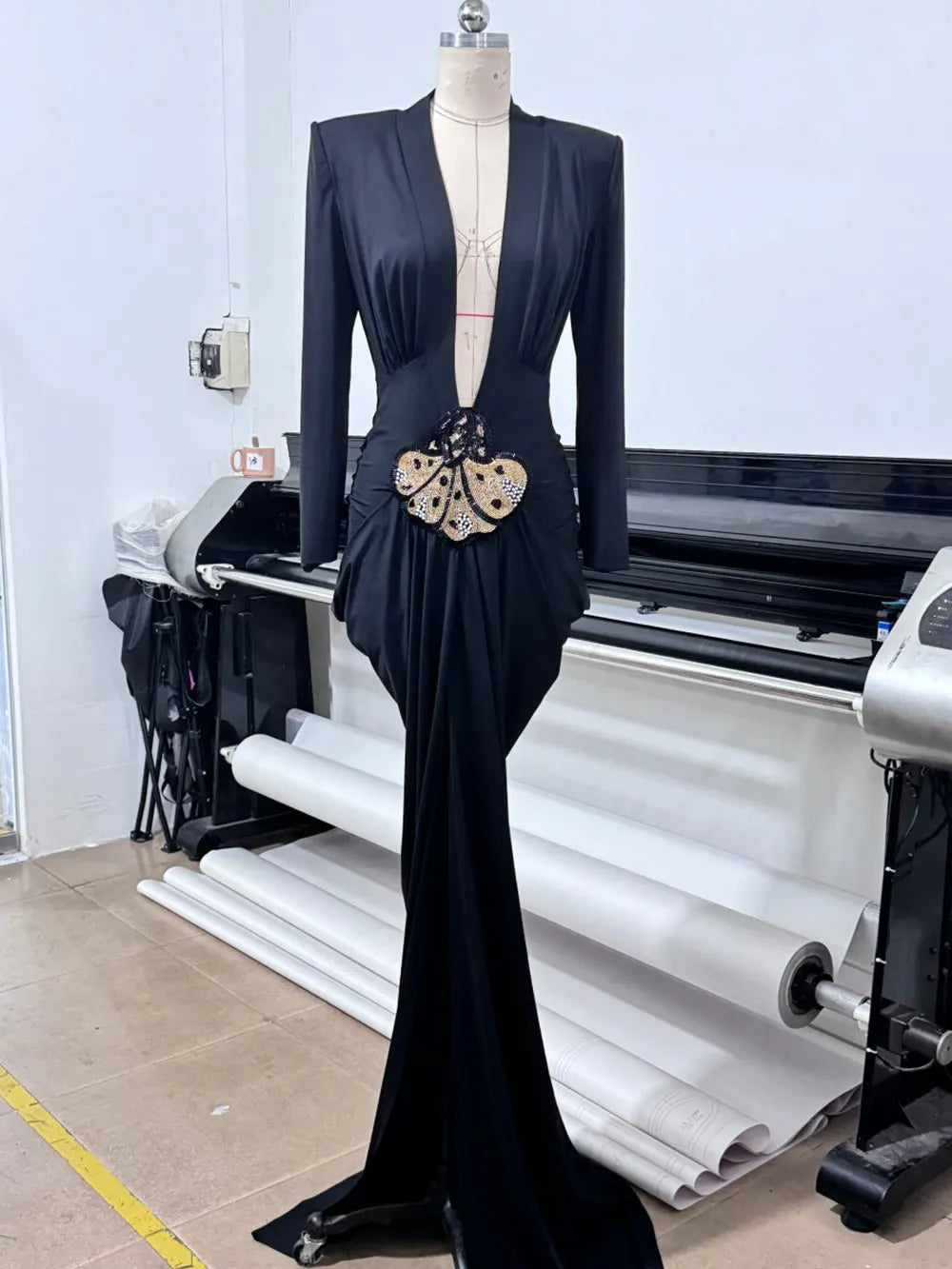 2025 Sexy Women's Light Luxury Maxi Dress Deep V-neck Long Sleeve Three Dimensional Beaded sequin Design Bodycon and Floor Dress